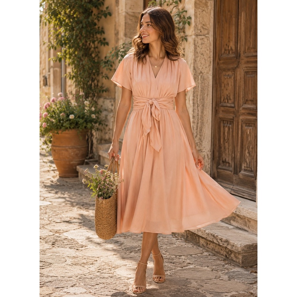 Gal Meets Glam Jane Midi‎ Dress Women 4 Peach Flutter Sleeve Tie Waist